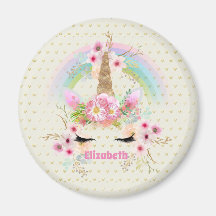 Unicorn Pink Gold Glitter Look Named Girls Floral Magnet