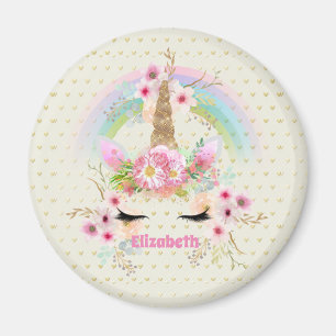 Unicorn Pink Gold Glitter Look Named Girls Floral Magnet
