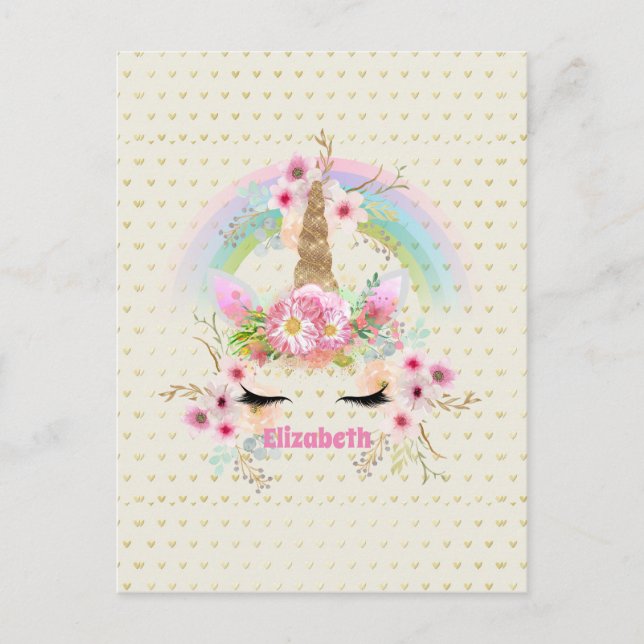 Unicorn Pink Gold Glitter Look Named Girls Floral Postcard (Front)