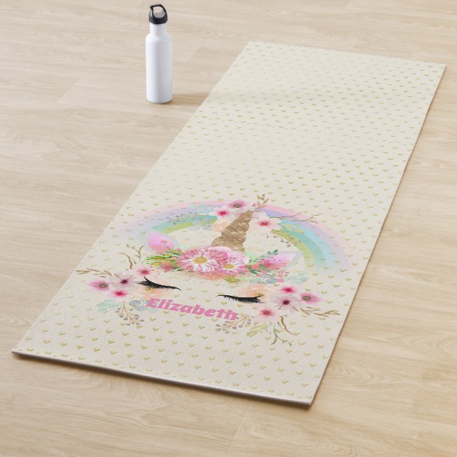 Unicorn Pink Gold Glitter Look Named Girls Floral Yoga Mat (In Situ)