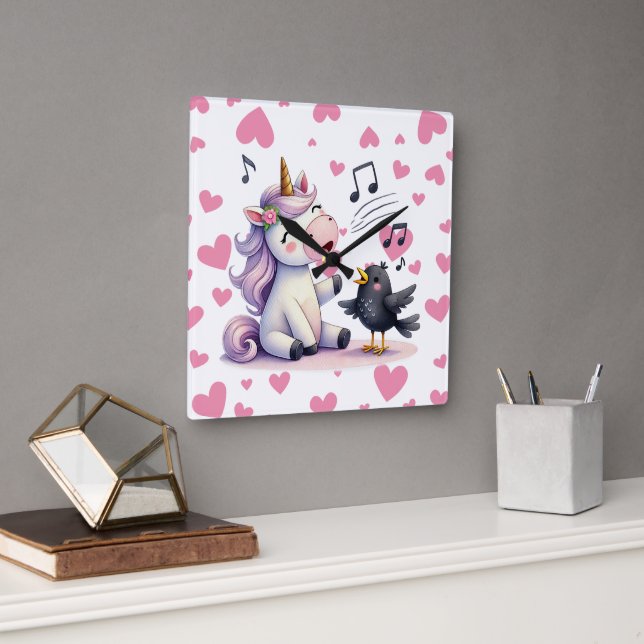 Unicorn Pink Hearts  Square Wall Clock (Office)