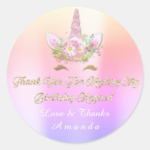 Unicorn Pink Party Favour Thank You Pastel Ombre Classic Round Sticker