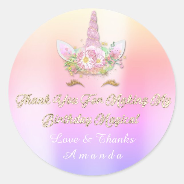 Unicorn Pink Party Favour Thank You Pastel Ombre Classic Round Sticker (Front)