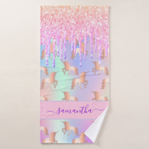 Unicorn pink purple drips holographic name bath towel