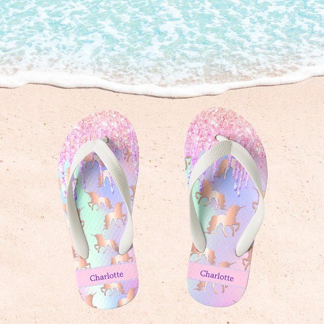 Unicorn pink purple glitter drips name girl kid's jandals (Creator Uploaded)