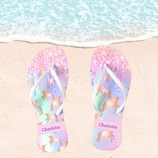 Unicorn pink purple glitter drips name jandals (Creator Uploaded)