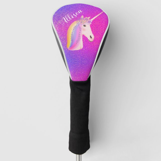 Unicorn Pink Purple Glitter Personalised Golf Head Cover (Front)