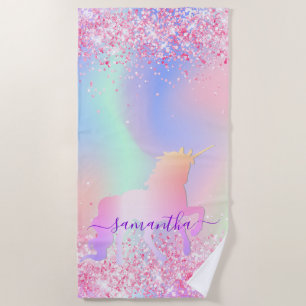 Unicorn pink purple name holographic girl beach towel