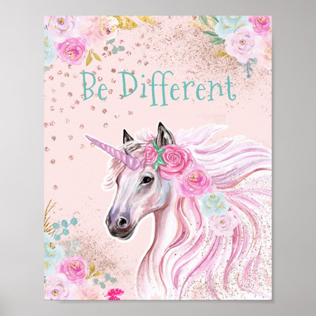 Unicorn Pink Teal Floral Gold Glitter Glam Poster (Front)