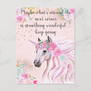 Unicorn Pink Teal Floral Gold Glitter Quote Postcard