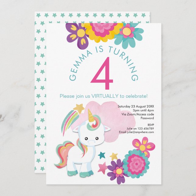 Unicorn Pink Teal Girl 4th Virtual Birthday Party Invitation (Front/Back)
