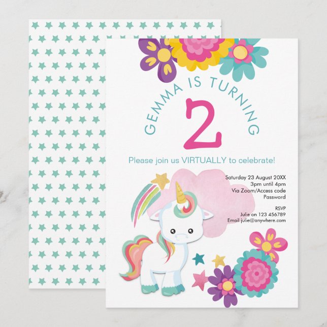 Unicorn Pink Teal Girl Virtual 2nd Birthday Party Invitation (Front/Back)