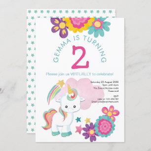 Unicorn Pink Teal Girl Virtual 2nd Birthday Party Invitation