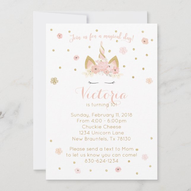 Unicorn Pinks 5X7 Invitation (Front)