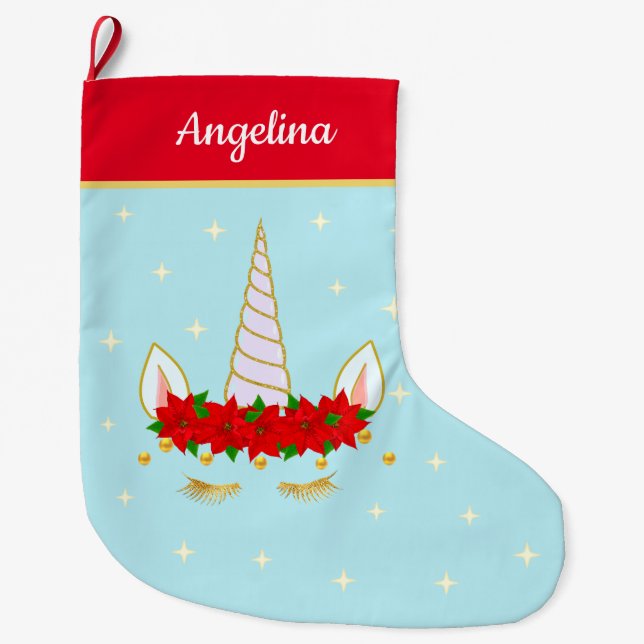 Unicorn, Poinsettia Flowers & Stars on Light Blue Large Christmas Stocking (Front)