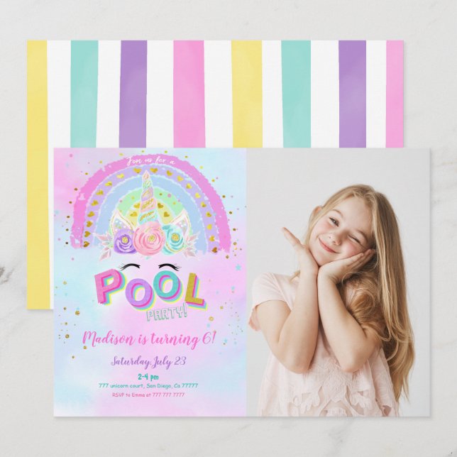 Unicorn & Pool Birthday Photo Invitation (Front/Back)