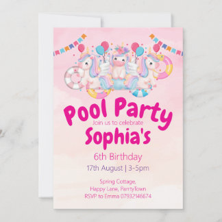 Unicorn Pool Party 6th Birthday Invitation | Pink