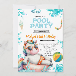 Unicorn Pool Party Birthday Invitation