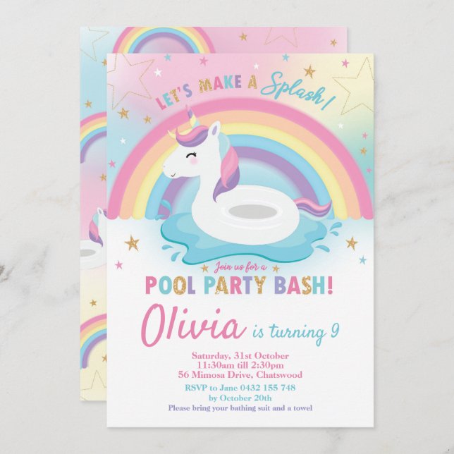 Unicorn Pool Party Birthday Invitation Girls (Front/Back)