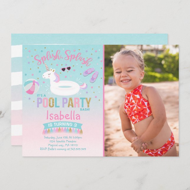 Unicorn Pool Party Birthday Invitation Pink Gold (Front/Back)