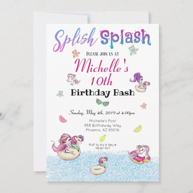 Unicorn Pool Party Glitter Girl Summer Birthday Invitation (Front)