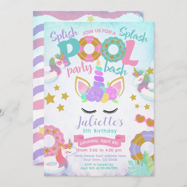 Unicorn Pool Party Invitation (Front/Back)