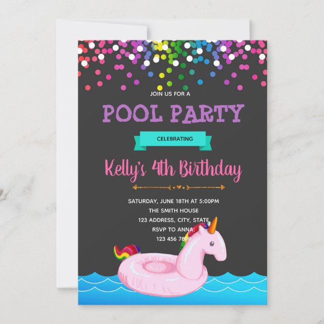 Unicorn pool party invitation (Front)