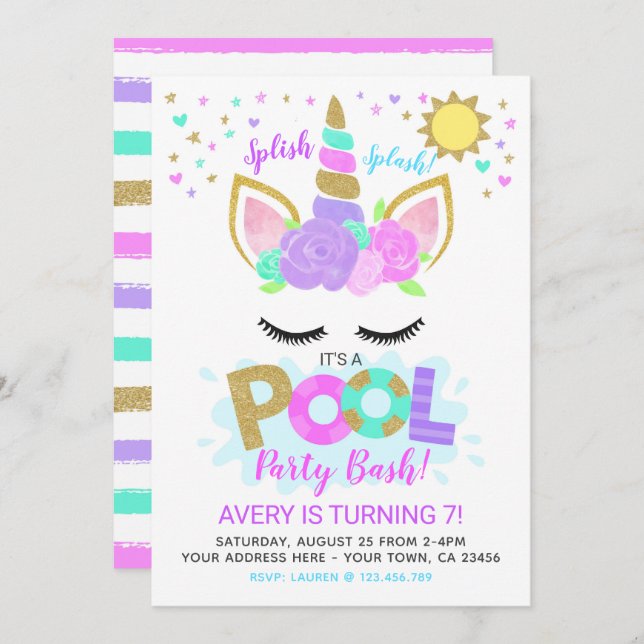 Unicorn Pool Party Invitation (Front/Back)
