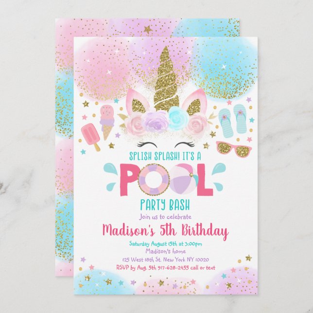 Unicorn Pool Party Pink Gold Birthday Invitation (Front/Back)
