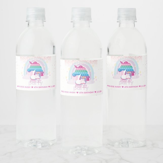 Unicorn Pop It Girl Birthday Party Personalised Water Bottle Label (Bottles)