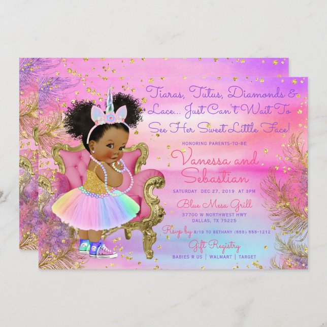 Unicorn Princess African American Glitter Gems Invitation (Front/Back)