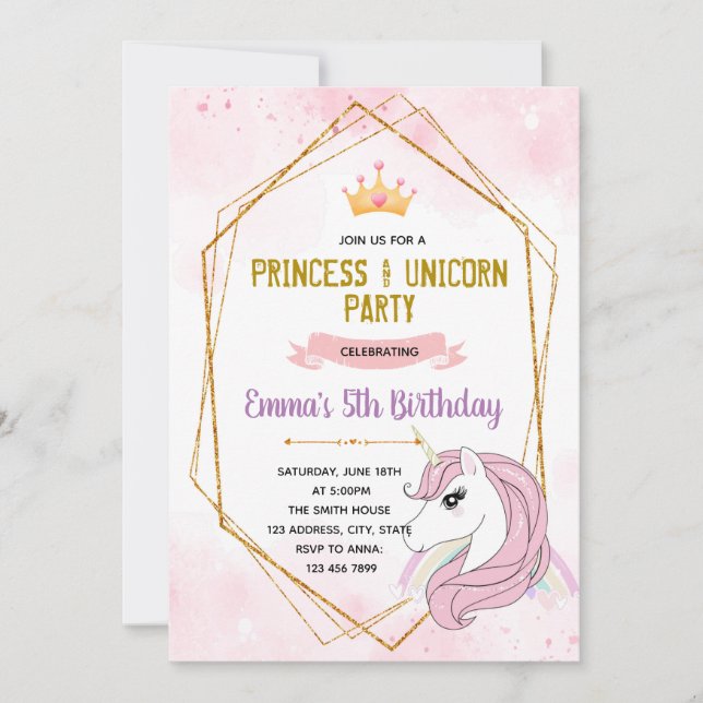 Unicorn princess birthday invitation (Front)