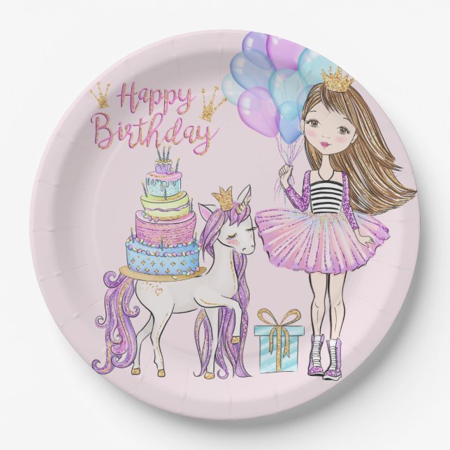 Unicorn Princess Cool Brunette Girl Birthday Paper Plate (Front)