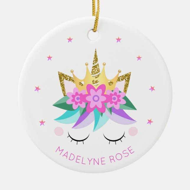 Unicorn Princess Cute Girly Glitter Personalised Ceramic Tree Decoration (Front)