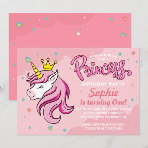 Unicorn Princess Girl Kids Baby Birthday Party Invitation