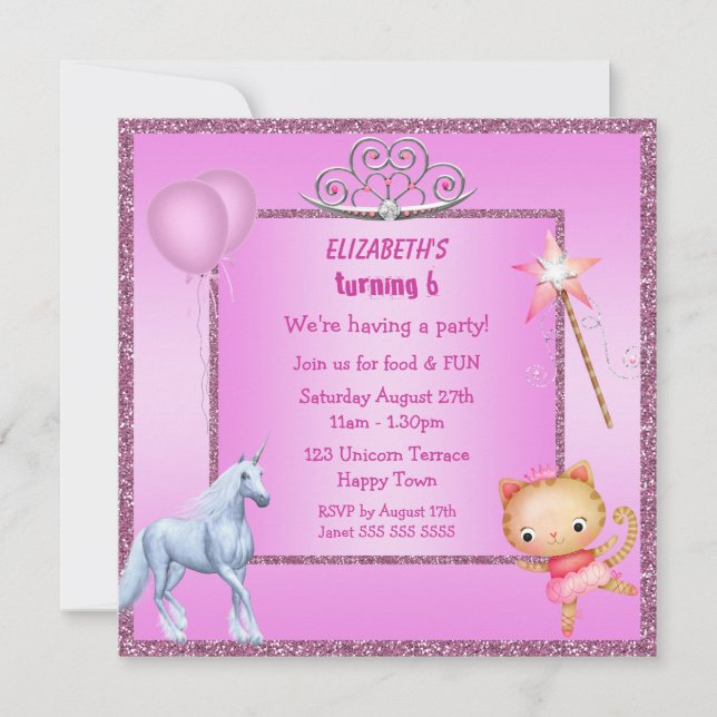 Unicorn, Princess Kitty, Tiara & Glitter Invites (Front)