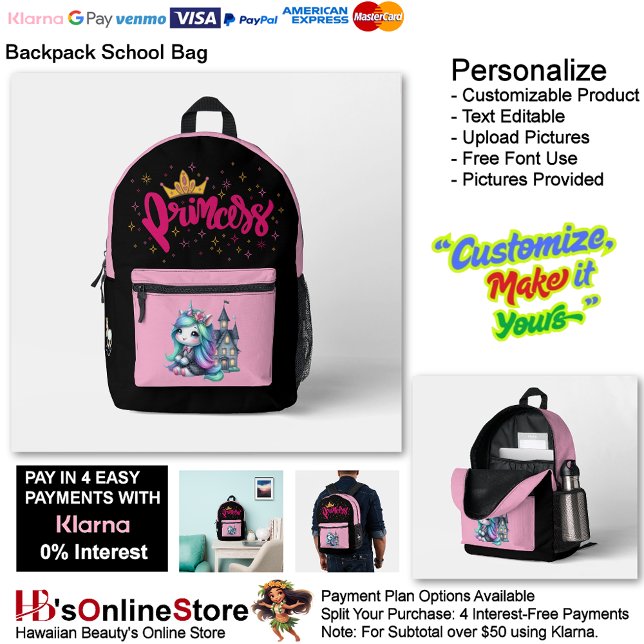 Unicorn Princess Pink & Black School Supplies 50 Printed Backpack (Unicorn Princess Pink & Black School Supplies Printed Backpack 50.)