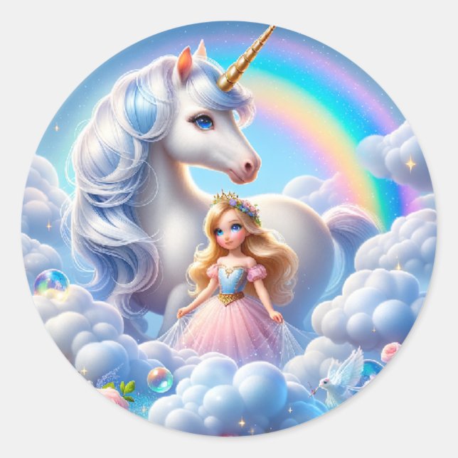 Unicorn Princess Rainbow Sticker, Pastel Fairytale Classic Round Sticker (Front)