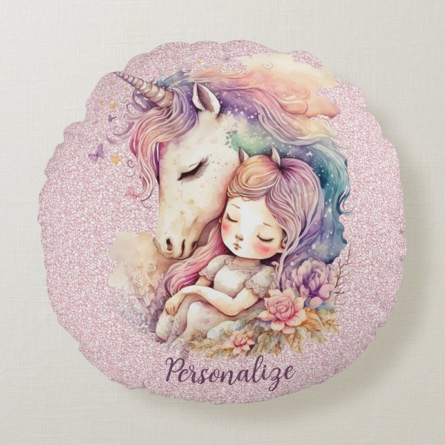 Unicorn Princess Sleep in Flowers Pink Glitter Round Cushion (Front)