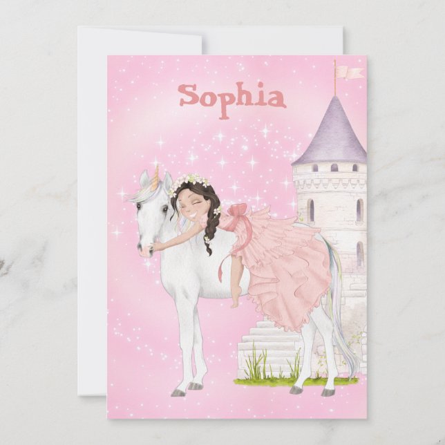 Unicorn Princess Stars Age Dark Hair Birthday  Invitation (Back)