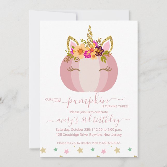 Unicorn Pumpkin Birthday Invitation (Front)