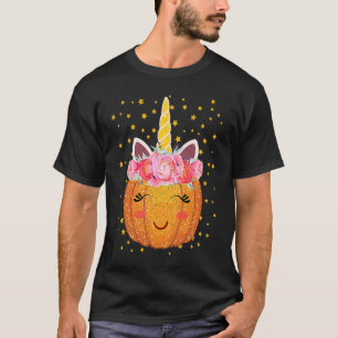 Unicorn Pumpkin Face Floral Thanksgiving Halloween T-Shirt
