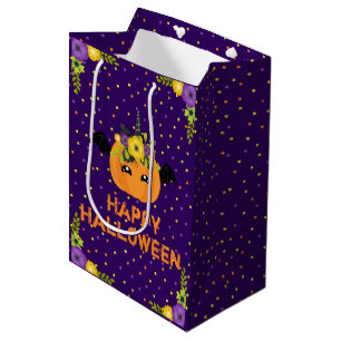 Unicorn Pumpkin Floral Happy Halloween Purple Medi Medium Gift Bag
