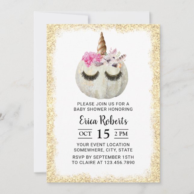 Unicorn Pumpkin Gold Glitter Baby Shower Invitation (Front)