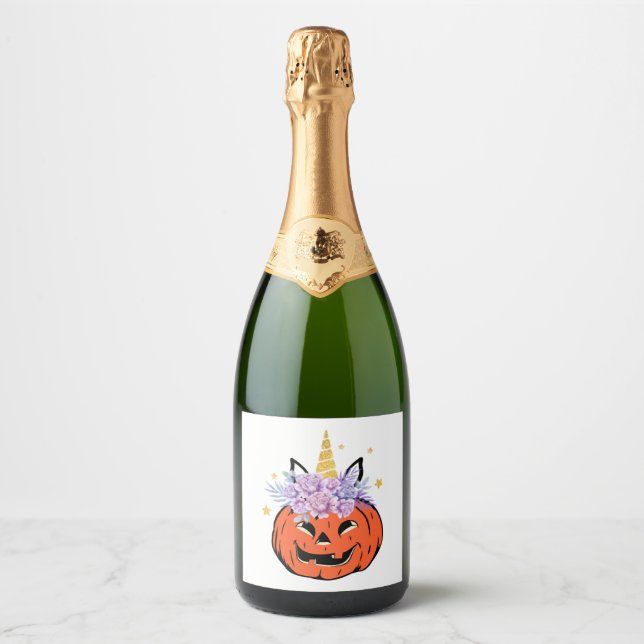 Unicorn Pumpkin Halloween Design Sparkling Wine Label (Front)