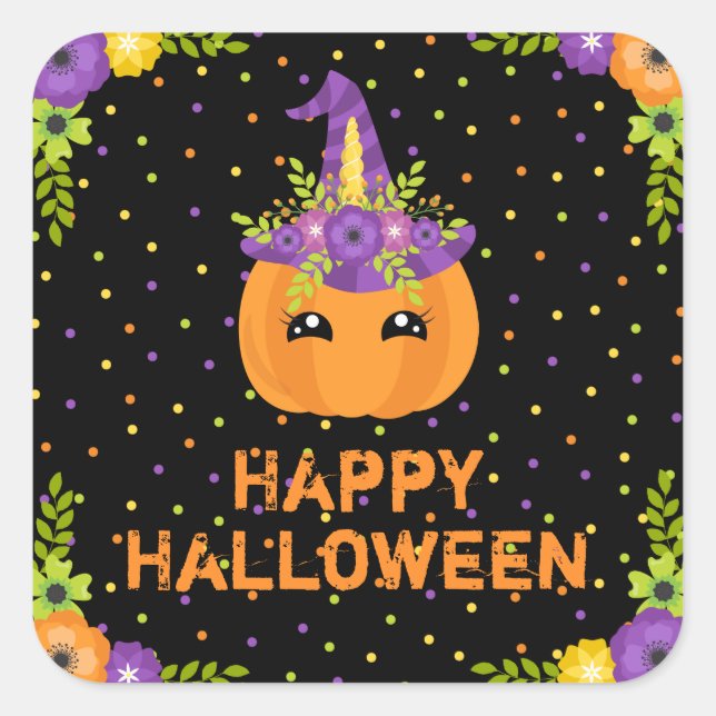 Unicorn Pumpkin Happy Halloween Black Square Stick Square Sticker (Front)