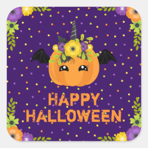 Unicorn Pumpkin Happy Halloween Purple Square Stic Sticker