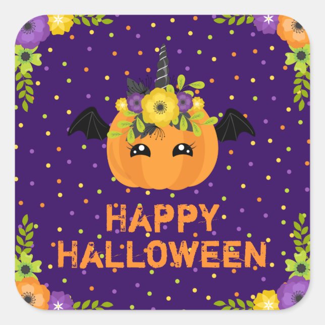 Unicorn Pumpkin Happy Halloween Purple Square Stic Sticker (Front)