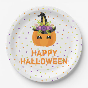Unicorn Pumpkin Happy Halloween White Paper Plates