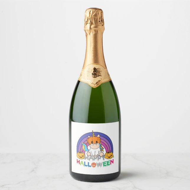 Unicorn Pumpkin Head For Halloween Sparkling Wine Label (Front)